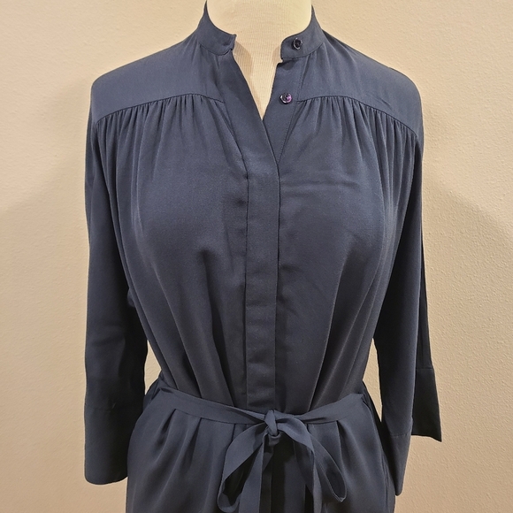 Vince Silk Shirred Belted Navy Shirt Dress - Picture 4 of 6